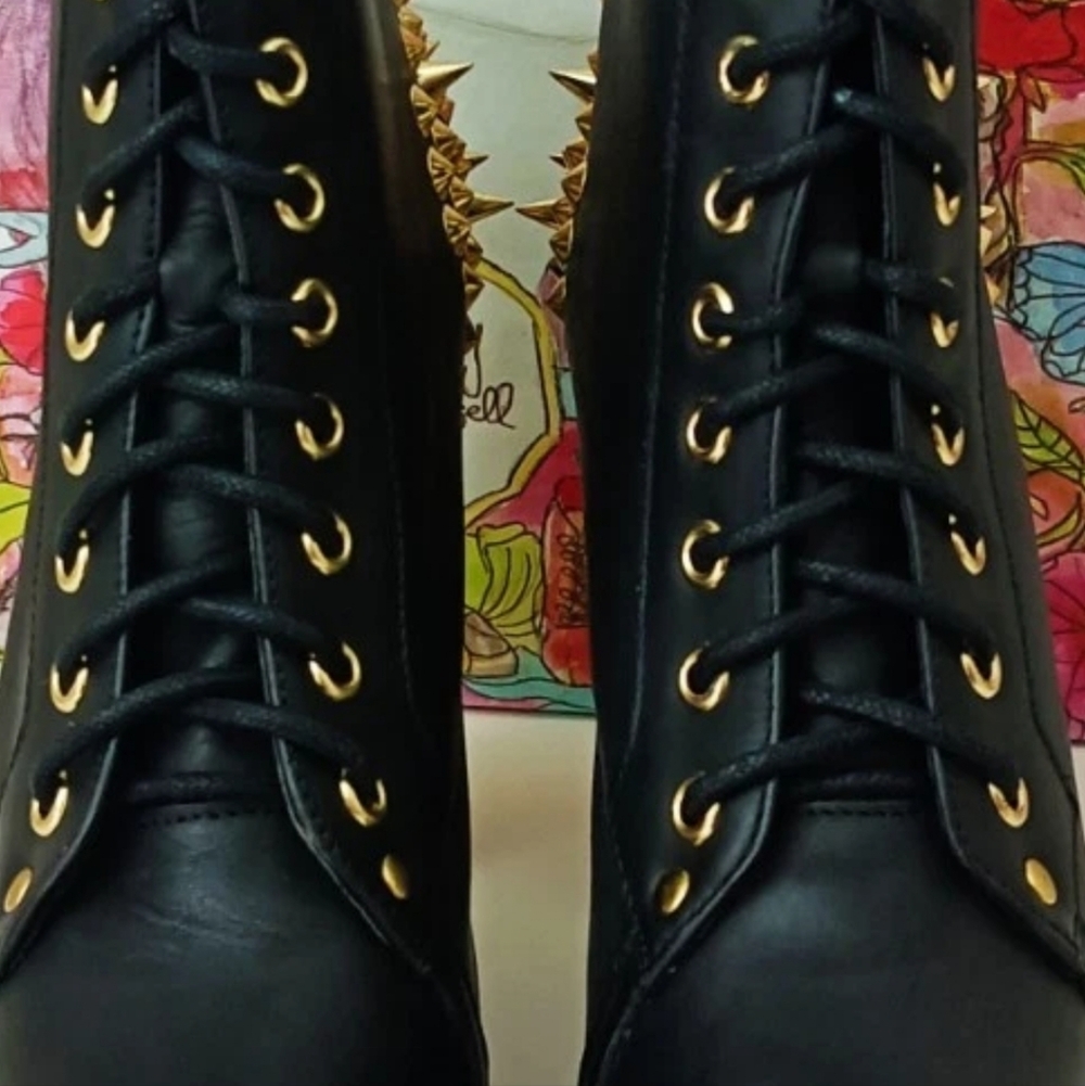 Jeffrey Campbell LITA Black Leather Gold Spikes Booties Size 6 - Picture 10 of 13